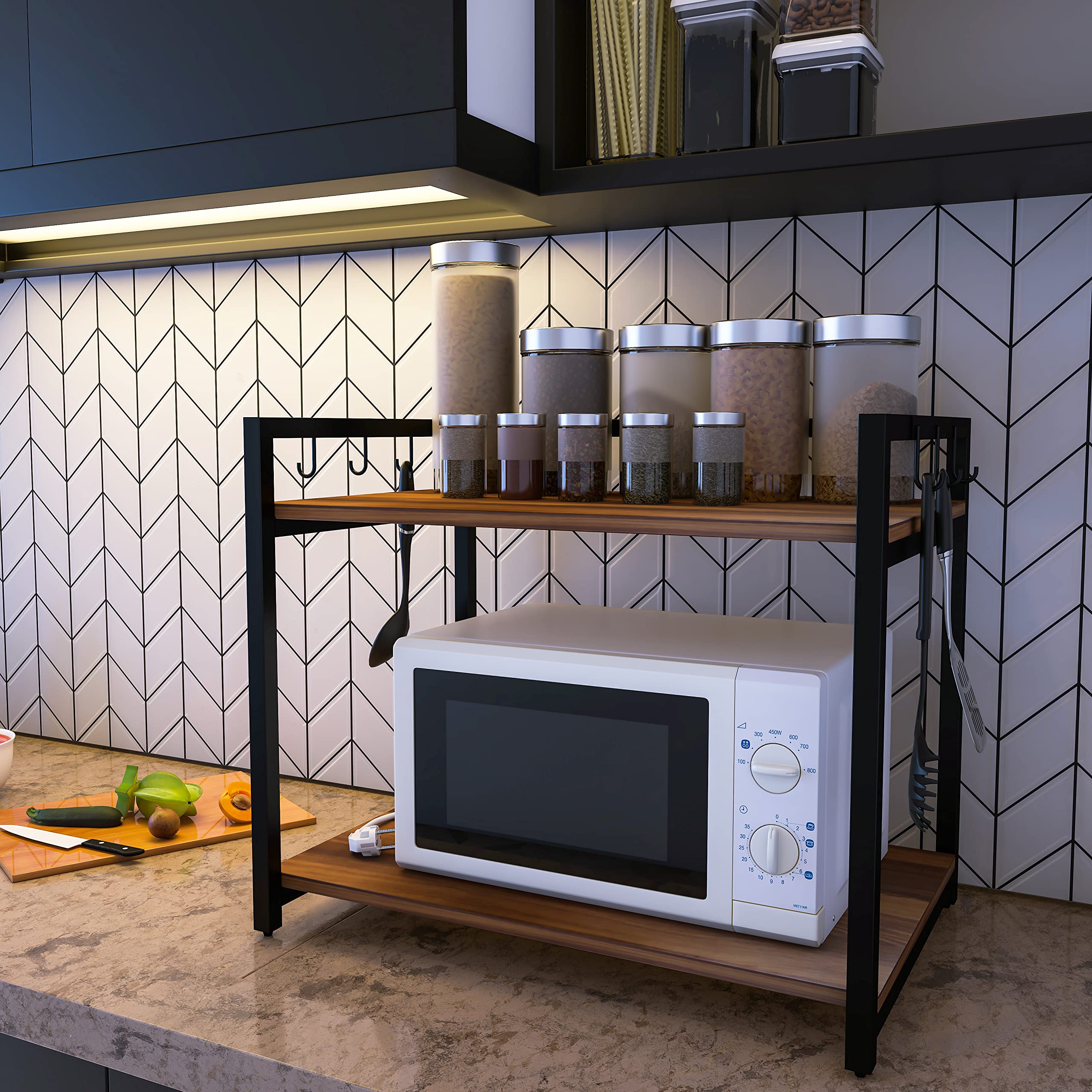 DECOWORLD || Microwave Stand || Metal Microwave Stand for Kitchen Counter|| Double Platform for Extra Storage (Black with Honey